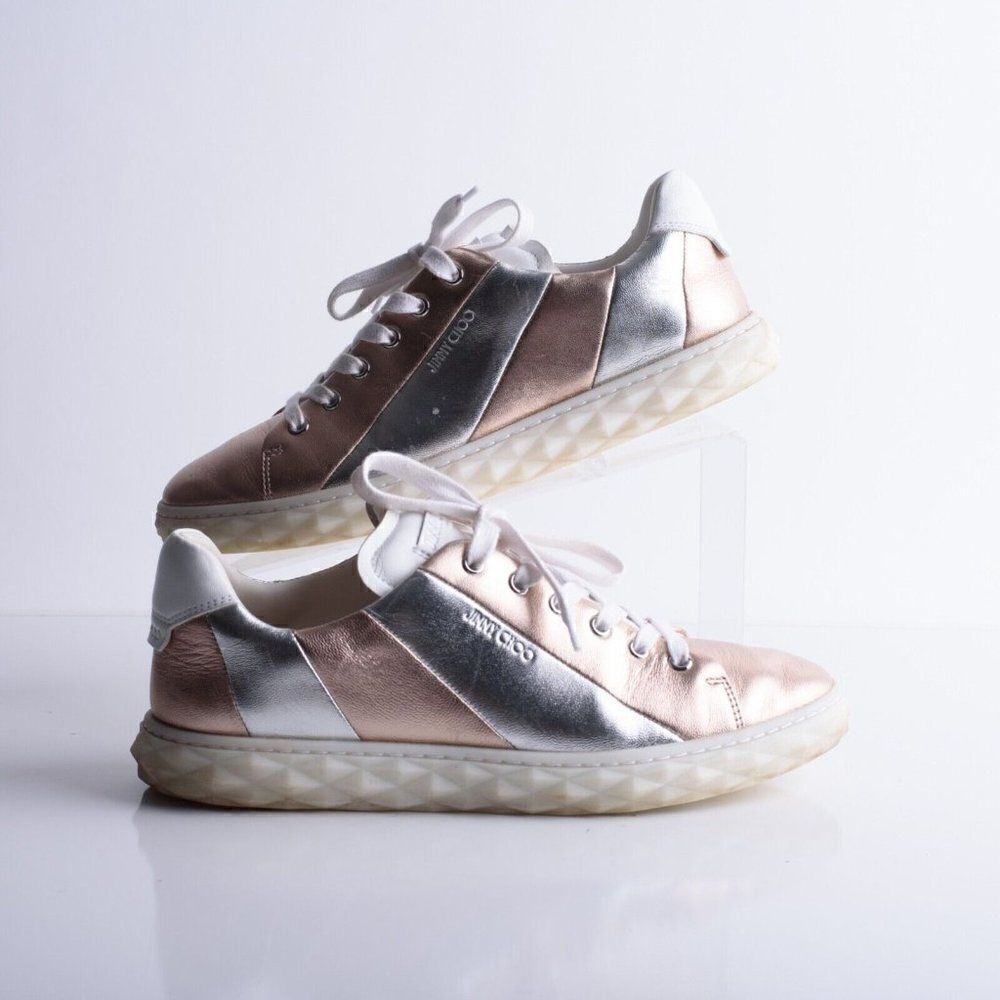 Jimmy Choo Womens Sneakers Diamond Metallic Light Leather Trainers 40.5 US 10.5
